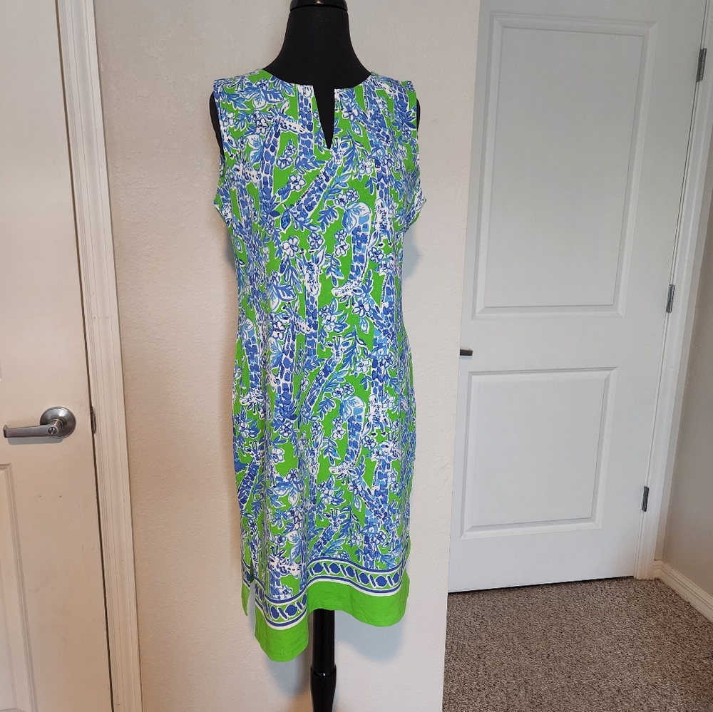 Barbara Erickson Green and Blue Patterned Sleeveless Dress